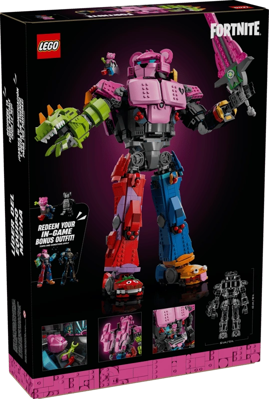 Back of LEGO Mecha Team Leader 77078 box showing mech model, bonus outfit panel and detail images