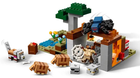 LEGO Minecraft armadillo wolf and cave spider figures from The Armadillo Mine Expedition set on white background