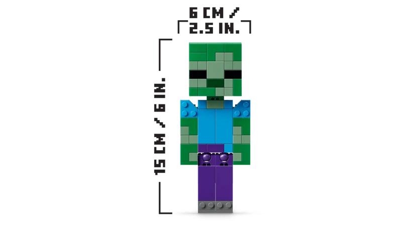 LEGO Minecraft Chicken Jockey 21582 baby zombie figure with 15 cm height and 6 cm width measurements