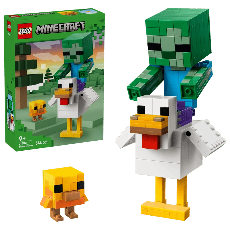 LEGO Minecraft Chicken Jockey 21582 box beside the completed baby zombie, chicken and baby chicken builds