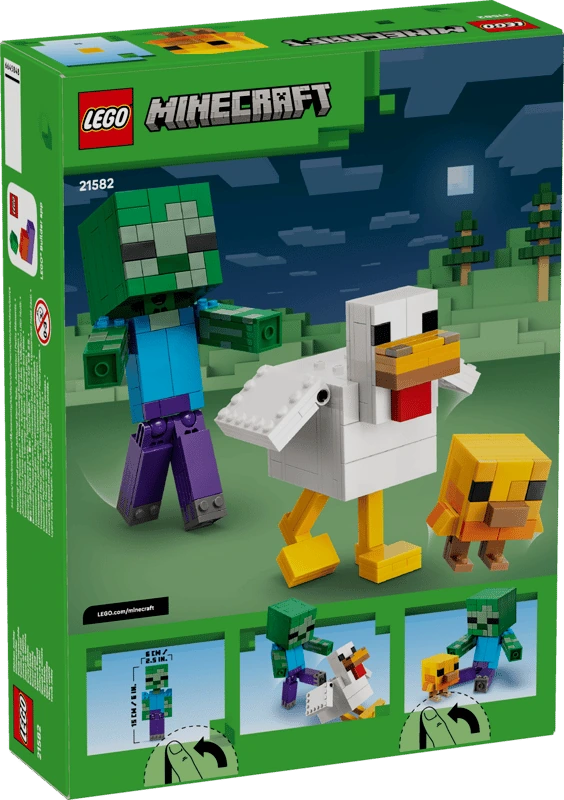 Back of the LEGO Minecraft Chicken Jockey 21582 box showing the baby zombie, chicken, baby chicken and movable pose images