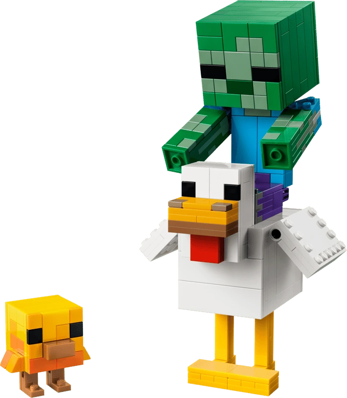 Completed LEGO Minecraft Chicken Jockey 21582 build with a baby zombie riding the chicken and a baby chicken figure