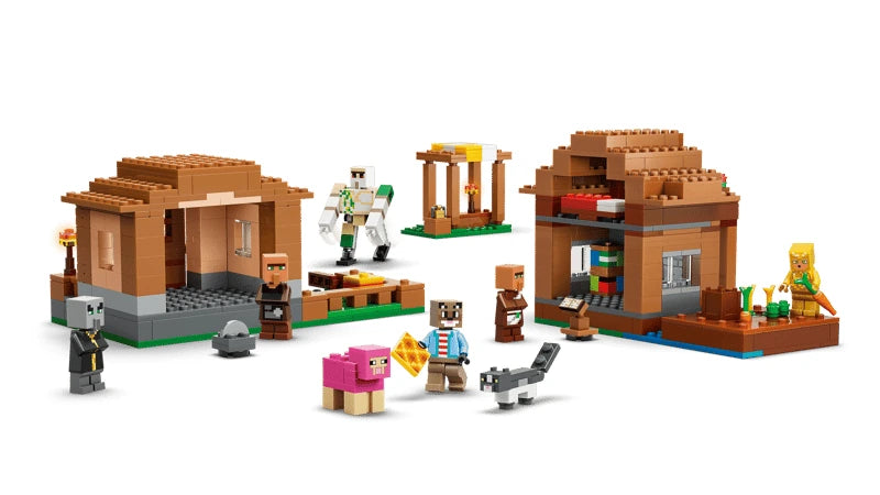 LEGO Minecraft village locations with figures, sheep, cat, garden, bell and house builds