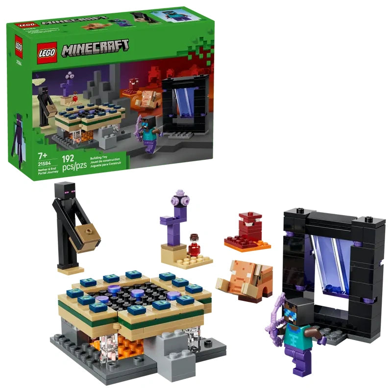 LEGO Minecraft box shown next to the assembled LEGO set, including a black rectangular portal build, a tan and green platform, three LEGO figures, a small orange animal figure, a purple pillar piece and a red block