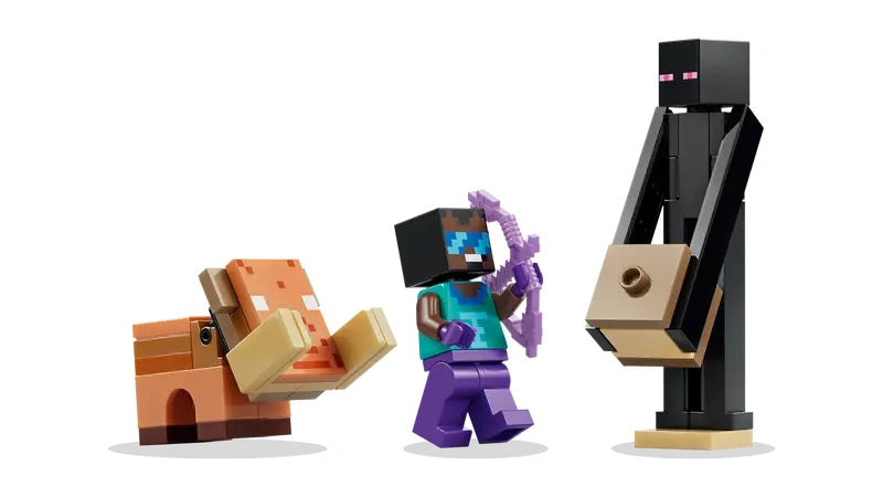 Three assembled LEGO figures on a white background: a tall black figure holding a tan block, a minifigure holding a purple bow, and a small orange animal figure