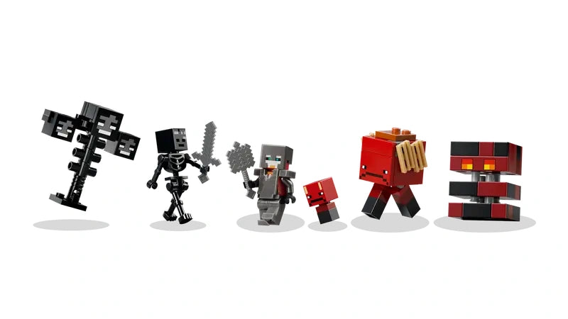 LEGO Minecraft Wither Battle 21590 character lineup showing Crimson Warrior, 2 wither skeletons, strider, baby strider, magma cube and wither boss