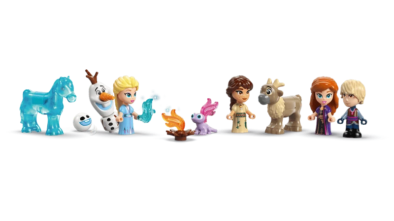 LEGO Mini Arendelle Castle & Elsa's Ice Palace 43278 character lineup with The Nokk, Olaf, Elsa, Bruni, campfire, Honeymaren, baby reindeer, Anna and Kristoff