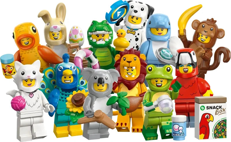 Group display of LEGO Minifigures Animals Series 28 animal costume characters including lion, frog, crocodile, bunny, cat, koala, dolphin, parrot, peacock, monkey, dog and goldfish costumes