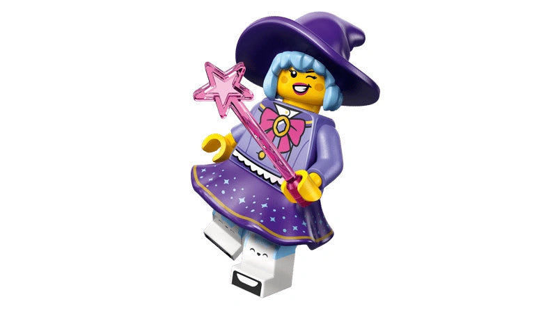 LEGO Minifigures Series 29 purple witch minifigure with star wand on a white background