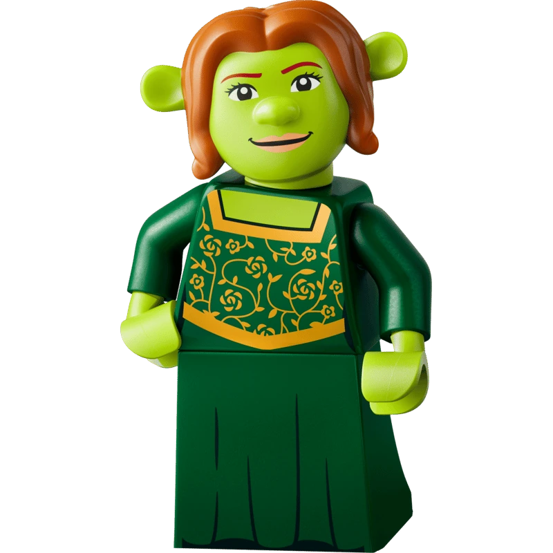 LEGO Princess Fiona minifigure with red hair, green dress and gold patterned bodice