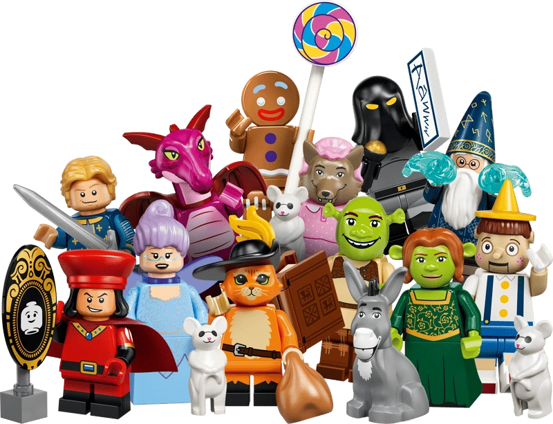 Full LEGO Shrek Series 71053 lineup including Shrek, Fiona, Donkey, Dragon, Puss in Boots and Gingy