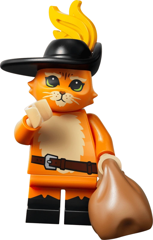 LEGO Puss in Boots minifigure in black feathered hat and belt holding a brown sack