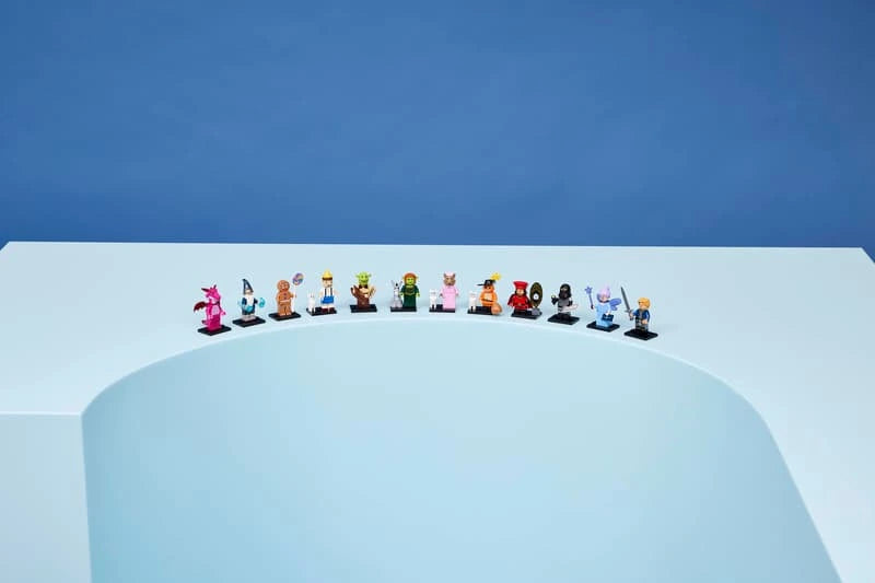 LEGO Shrek Series characters arranged in a curved row on a white display surface against a blue background