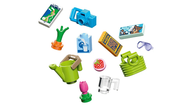 LEGO Friends accessories including phone, camera, watering can, flowers, snack pack and bag