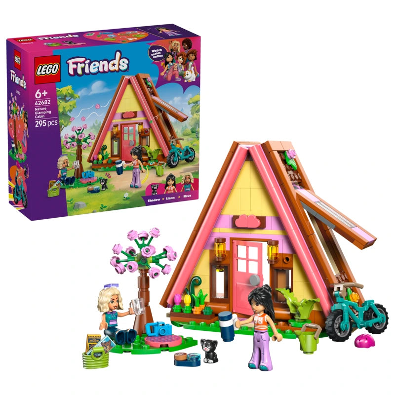 LEGO Nature Glamping Cabin 42682 box with A-frame cabin build, mini-dolls, kitten and bike