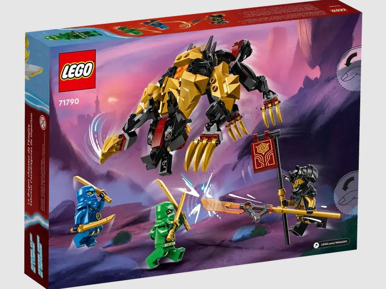 Back of LEGO Ninjago 71790 box showing play features of the Imperium Dragon Hunter Hound set - ToyTown.ie
