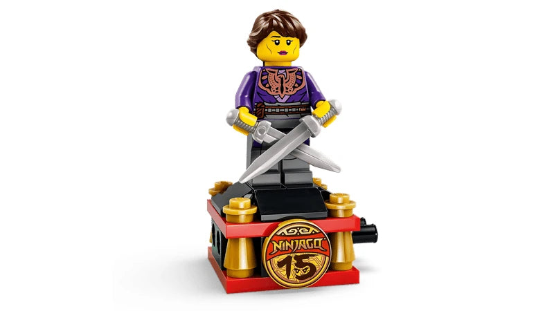 LEGO NINJAGO minifigure on a 15th anniversary display stand with two sword accessories