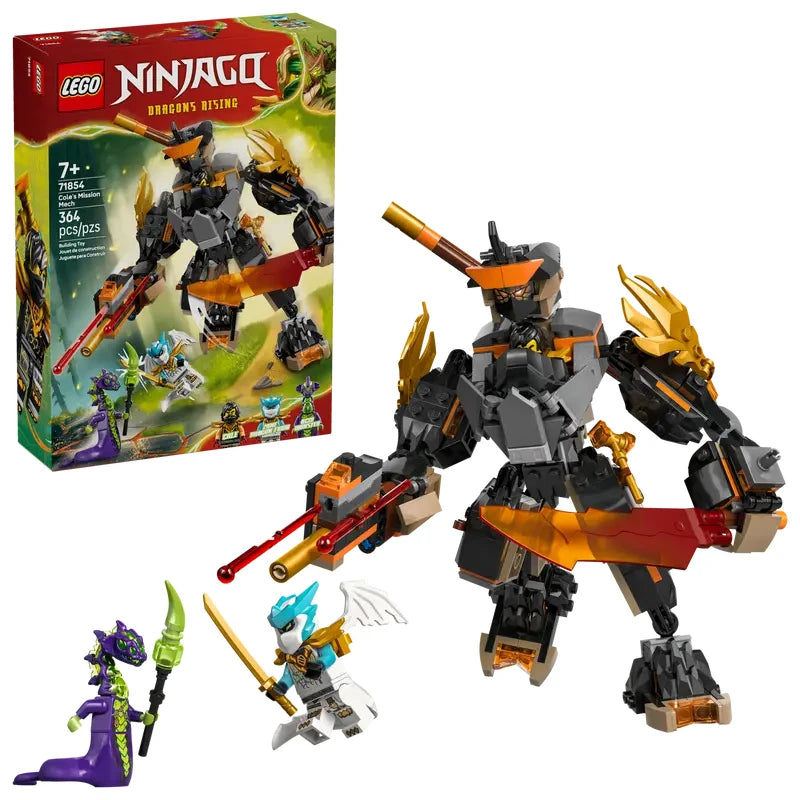 LEGO NINJAGO Cole’s Mission Mech & Dragon Zane 71854 shown with retail box and assembled black and orange mech with sword and blaster