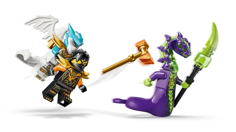 Dragon Zane minifigure with white wings carrying a black armoured Cole minifigure while Cole throws a hammer toward an Acid Monster minifigure with a snake body holding a staff