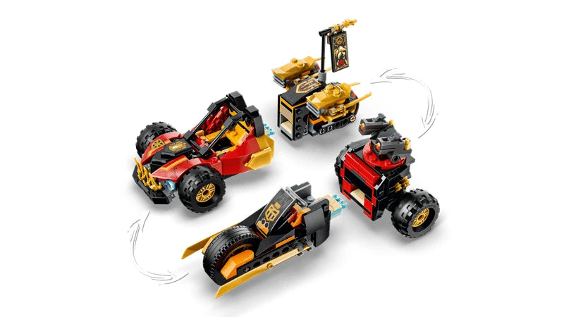 LEGO NINJAGO buggy and motorcycle models shown beside combined vehicle rebuild options