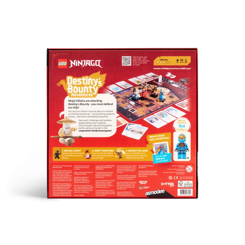 Back of LEGO NINJAGO Destiny's Bounty Adventures board game box showing the game board, playing cards, minifigures, gameplay instructions and exclusive Nya minifigure.