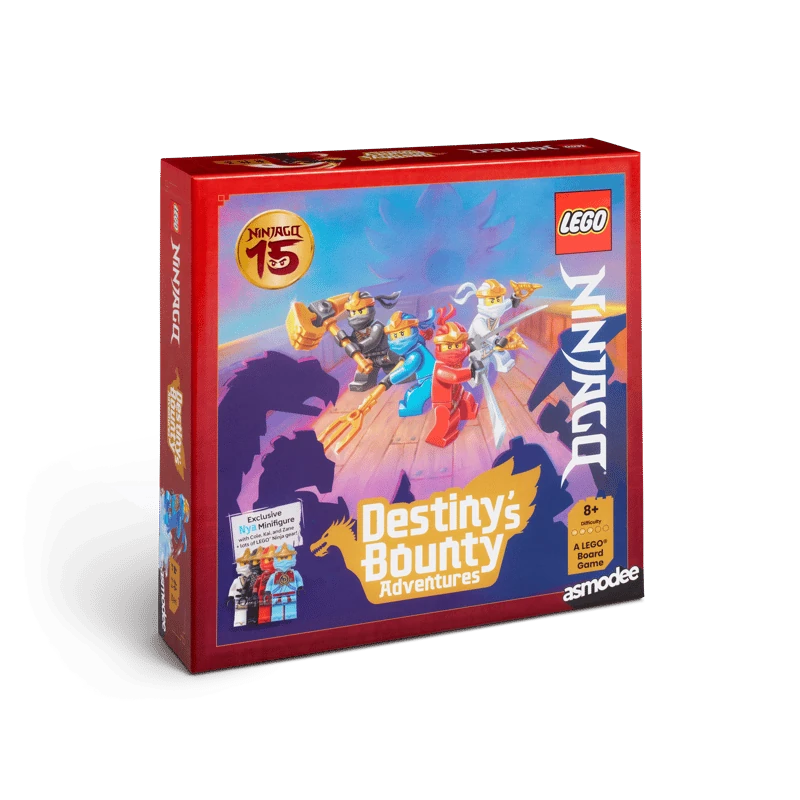 LEGO NINJAGO Destiny's Bounty Adventures board game box viewed from the left, showing Kai, Nya, Cole and Zane on the front artwork.