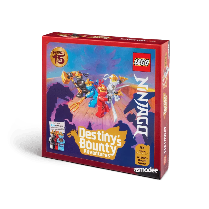LEGO NINJAGO Destiny's Bounty Adventures board game box viewed from the right, showing the front artwork with four ninja characters and the NINJAGO branding on the side.