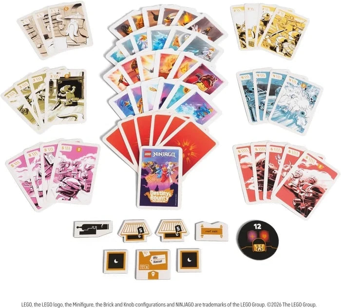 LEGO NINJAGO Destiny's Bounty Adventures playing cards arranged in groups with illustrated ninja cards, red backed cards and assorted game tokens.