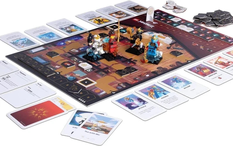 LEGO NINJAGO Destiny's Bounty Adventures game board with four ninja minifigures, playing cards, tokens and game accessories arranged around it.