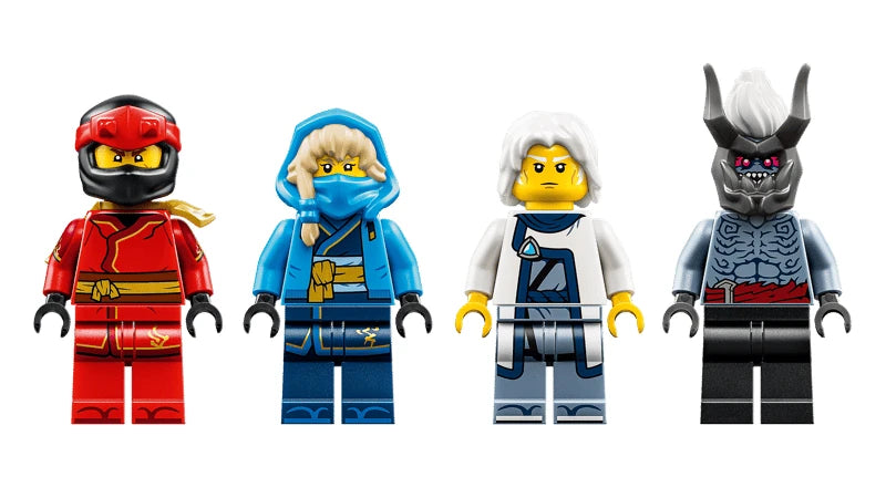 Four LEGO NINJAGO minifigures in red, blue, white and black outfits