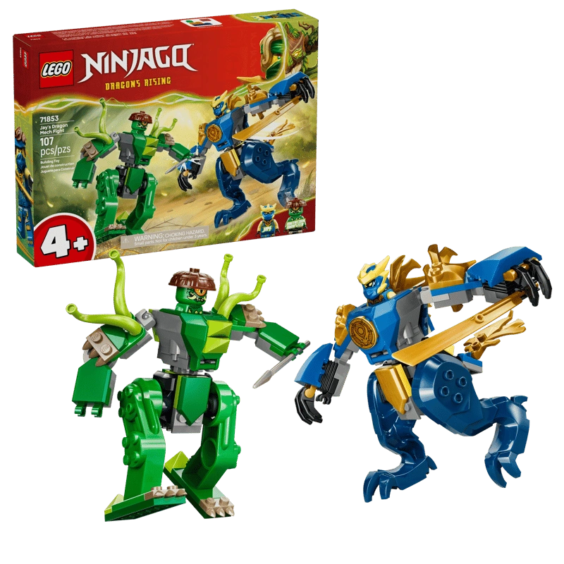 LEGO Ninjago Jay’s Dragon Mech Fight 71853 box with Jay’s blue dragon mech and green Mutation Monster mech displayed in front
