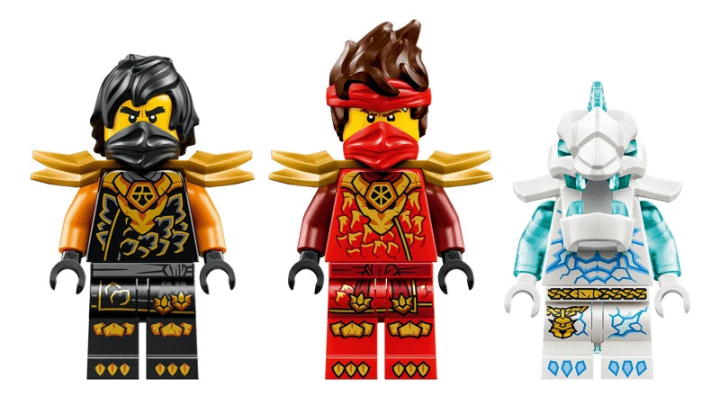 Three LEGO NINJAGO minifigures in black, red and white outfits