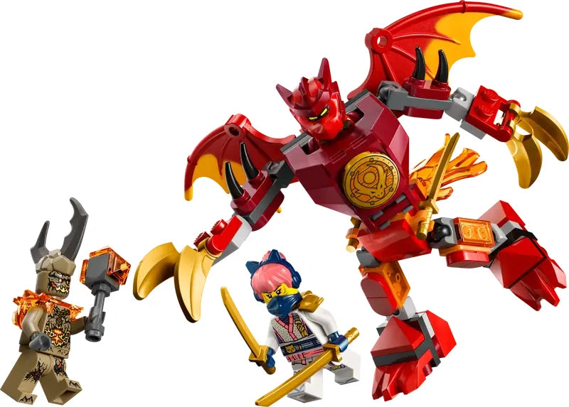 LEGO NINJAGO dragon mech with red and gold detailing displayed alongside Kai and Sora minifigures and Earth Monster character