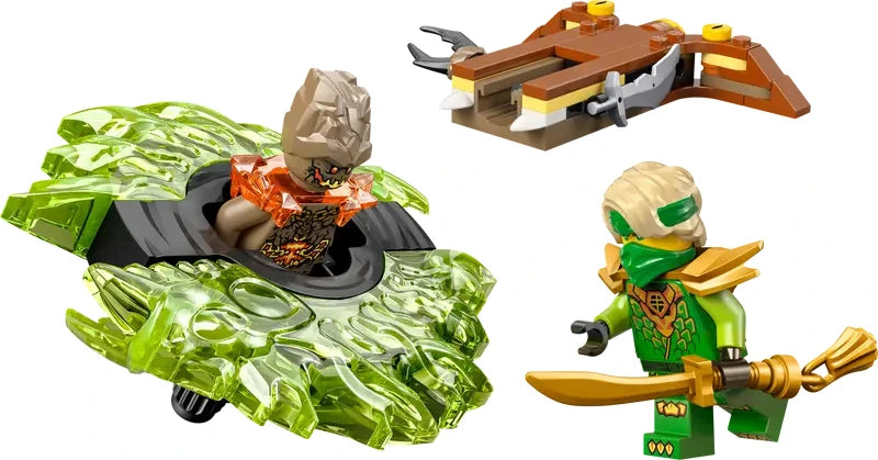 LEGO NINJAGO spinner toy shown in action with parts separating during battle play