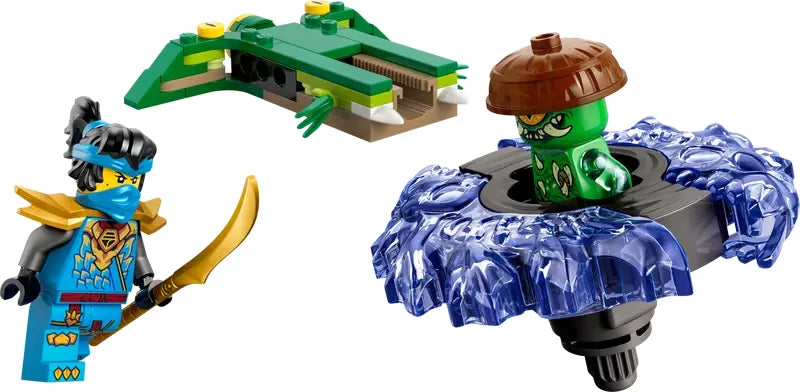 LEGO NINJAGO Nya minifigure with glaive weapon alongside Mutation Monster minifigure mounted in blue spinner with launcher parts displayed separately