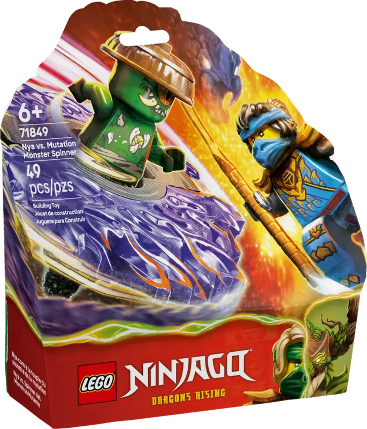 LEGO NINJAGO Nya vs Mutation Monster Spinner 71849 retail pack front showing Nya facing the Mutation Monster spinner with Dragons Rising branding