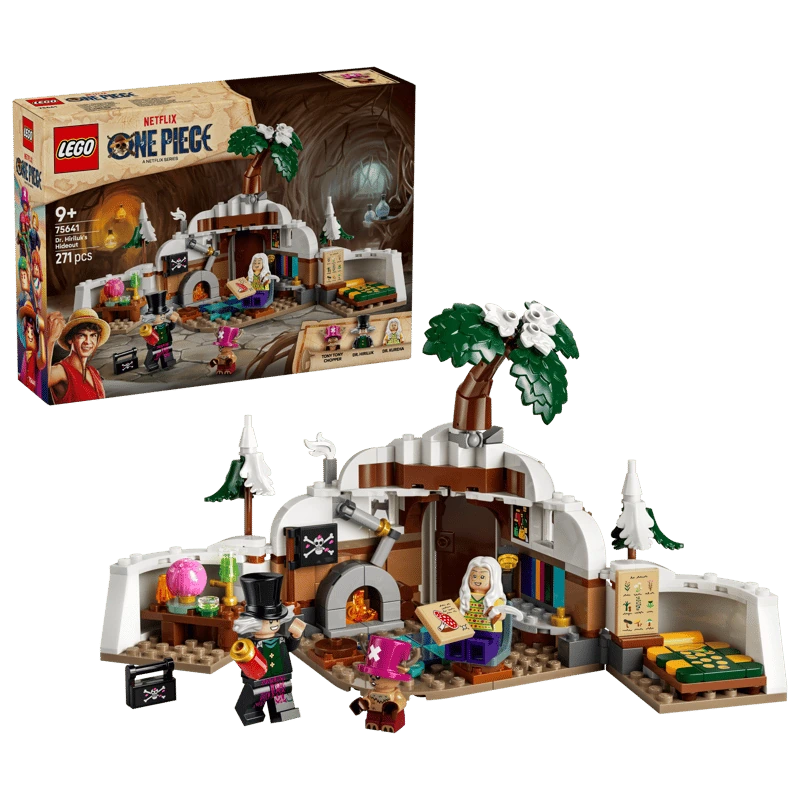 LEGO One Piece Dr. Hiriluk's Hideout 75641 box beside the open mountain hideout model