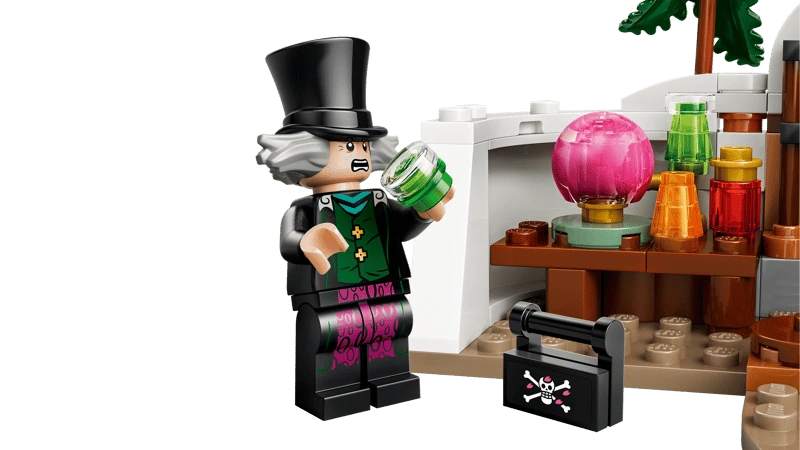 LEGO One Piece Dr. Hiriluk minifigure beside the experiment table with bottles, a pink flask and black case