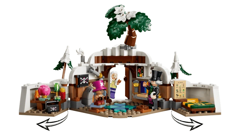 LEGO One Piece Dr. Hiriluk's Hideout 75641 model opened at both sides to show the cave interior