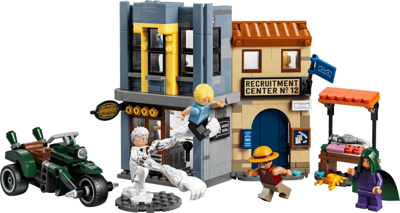 Completed LEGO One Piece Showdown with Captain Smoker 75642 market scene with the motorcycle and four minifigures
