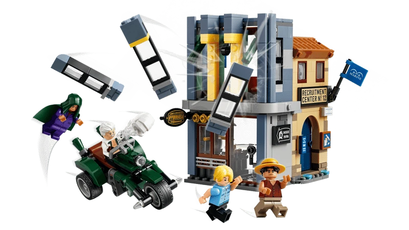LEGO One Piece Showdown with Captain Smoker 75642 scene showing the building explosion feature and Captain Smoker smoke effect