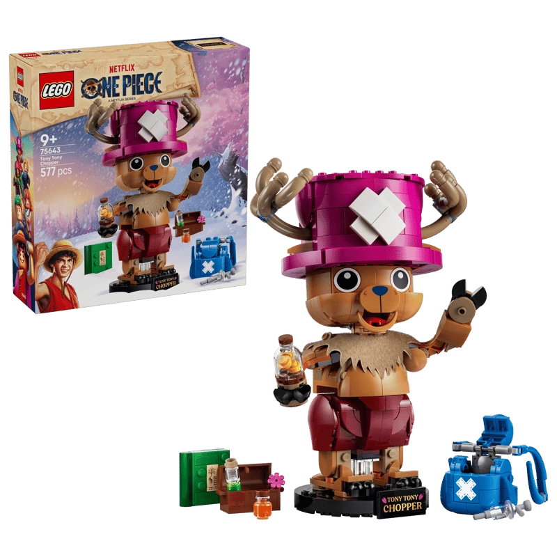 LEGO One Piece Tony Tony Chopper 75643 box beside the completed figure, display stand, blue backpack and accessories