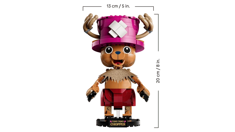 LEGO One Piece Tony Tony Chopper 75643 model with 20 cm height and 13 cm width measurements
