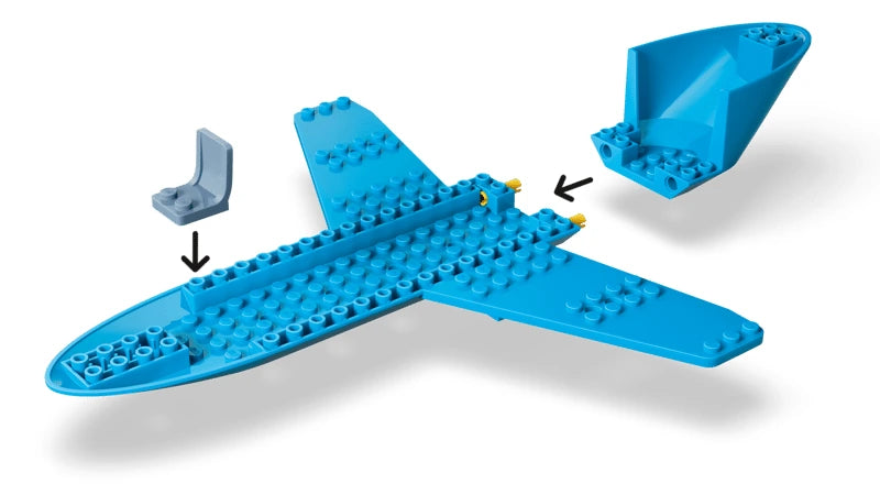 Blue LEGO airplane base with loose cockpit and seat pieces shown with arrows