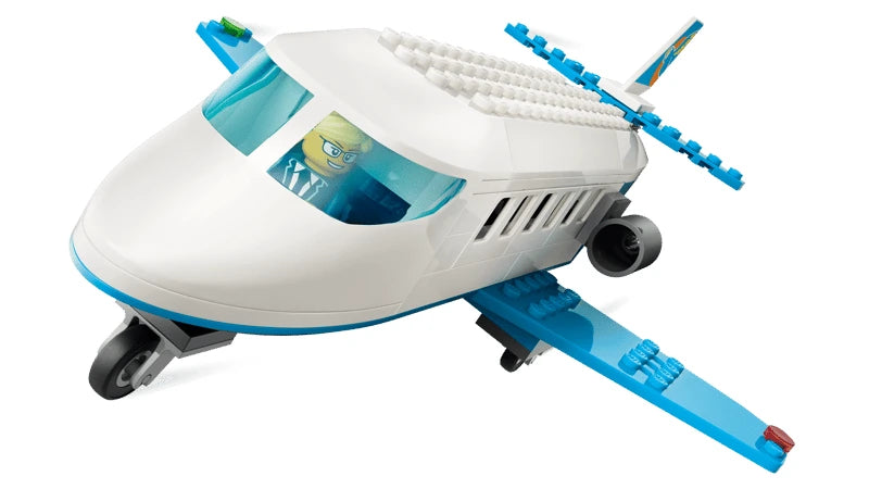 LEGO Passenger Jet angled view with white fuselage, blue wings, tail fin and landing gear