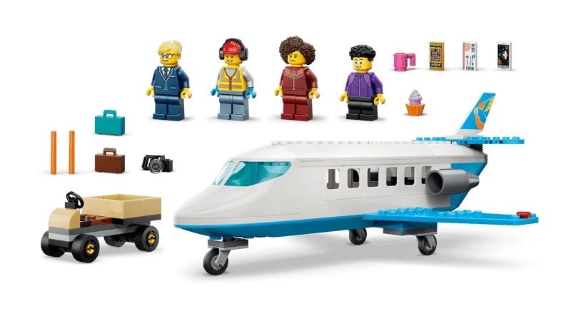 LEGO Passenger Jet set lineup with plane, luggage cart, four minifigures, suitcases and small accessories