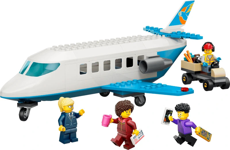 LEGO Passenger Jet with four minifigures and luggage cart on a white background