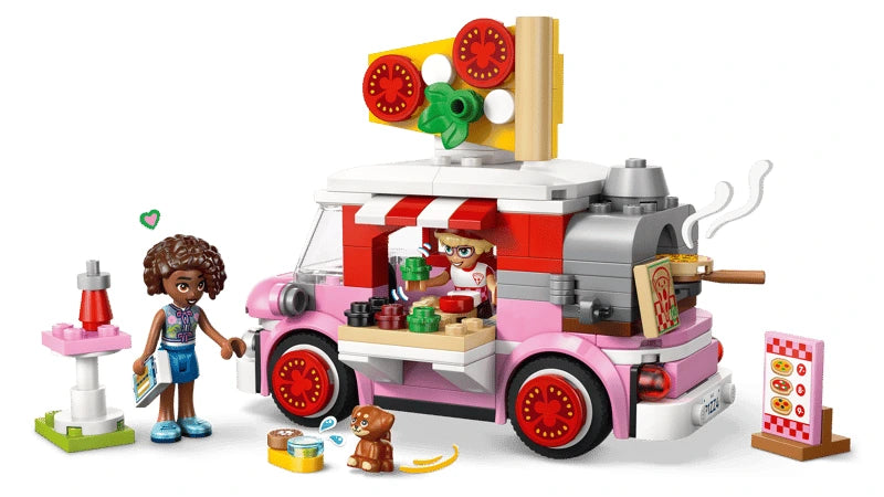 LEGO Friends pizza truck with open serving area, mini-dolls, puppy figure, menu sign and table