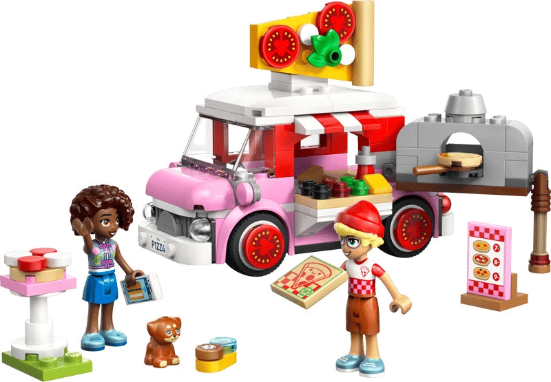 LEGO Friends pizza truck with Olly, Aliya, puppy figure, table and pizza menu sign
