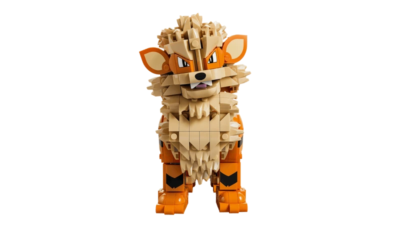 Forward facing view of the LEGO Pokémon Arcanine 72160 model with its legs positioned together